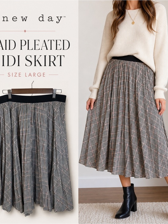 a new day Dresses & Skirts - Plaid Pleated Midi Skirt Size Large Elastic Waist Preppy Academic Schoolgirl